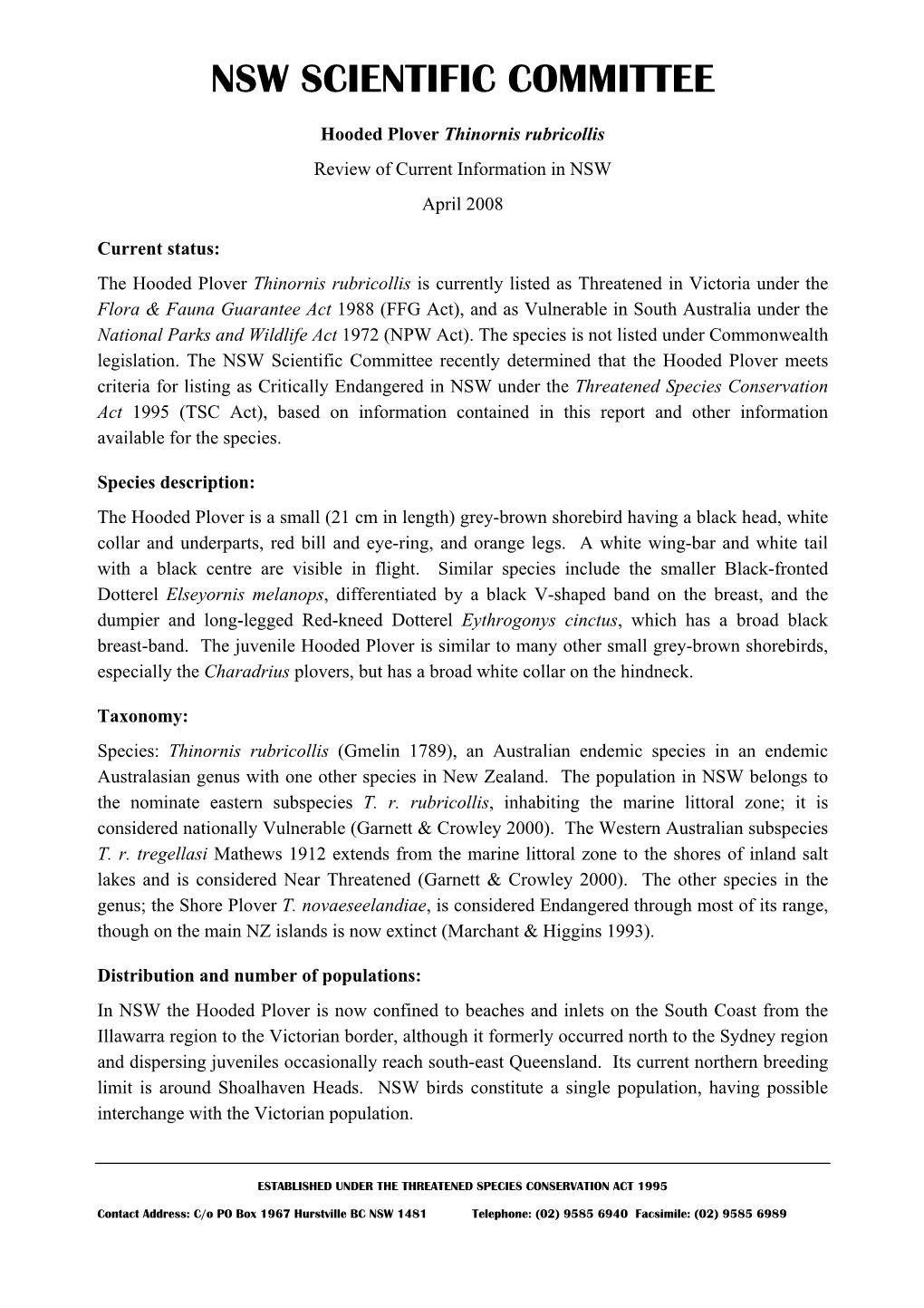 Hooded Plover Thinornis Rubricollis Review of Current Information in NSW April 2008