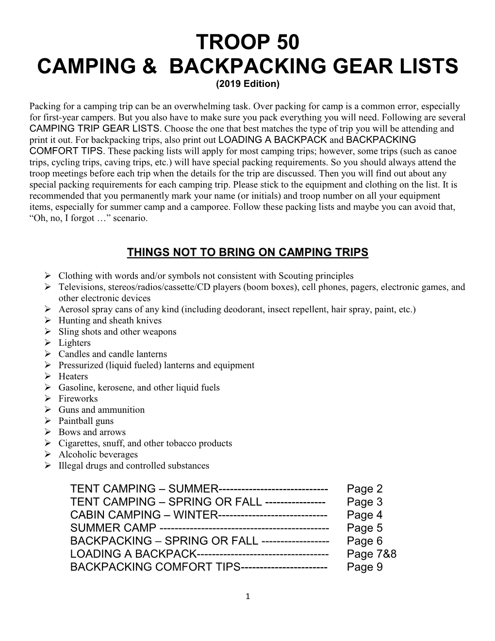 Troop 50 Camping & Backpacking Gear Lists