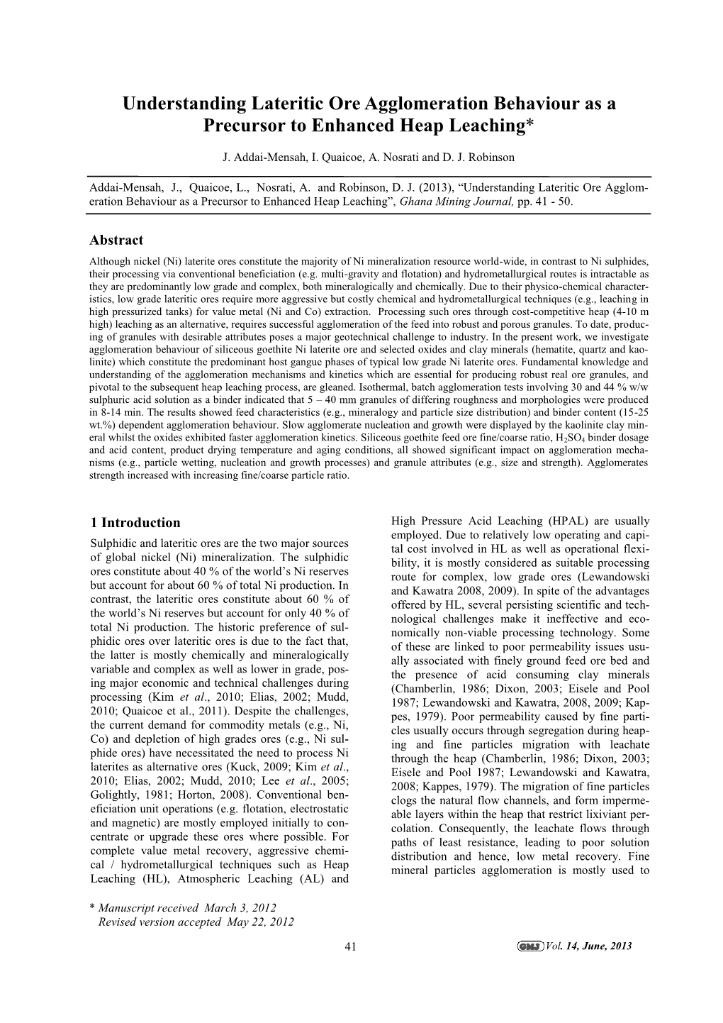 Understanding Lateritic Ore Agglomeration Behaviour As a Precursor to Enhanced Heap Leaching*