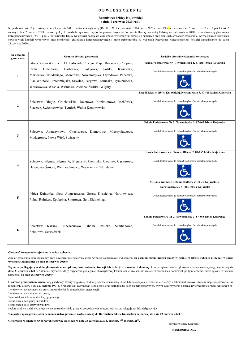 O B W I E S Z C Z E N I E Burmistrza Izbicy Kujawskiej Z Dnia 9 Czerwca
