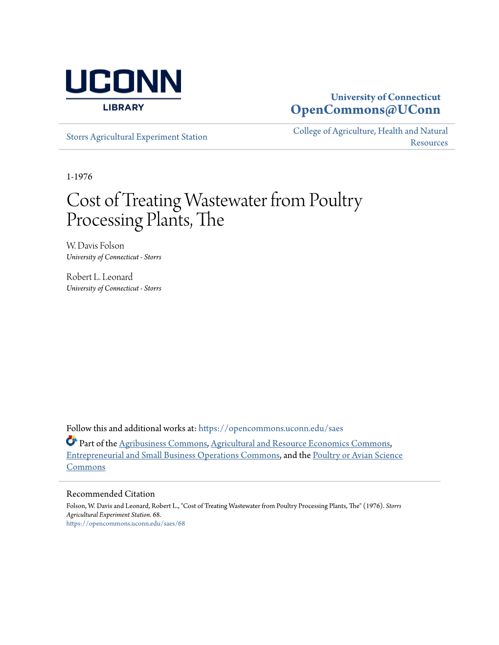 Cost of Treating Wastewater from Poultry Processing Plants, the W