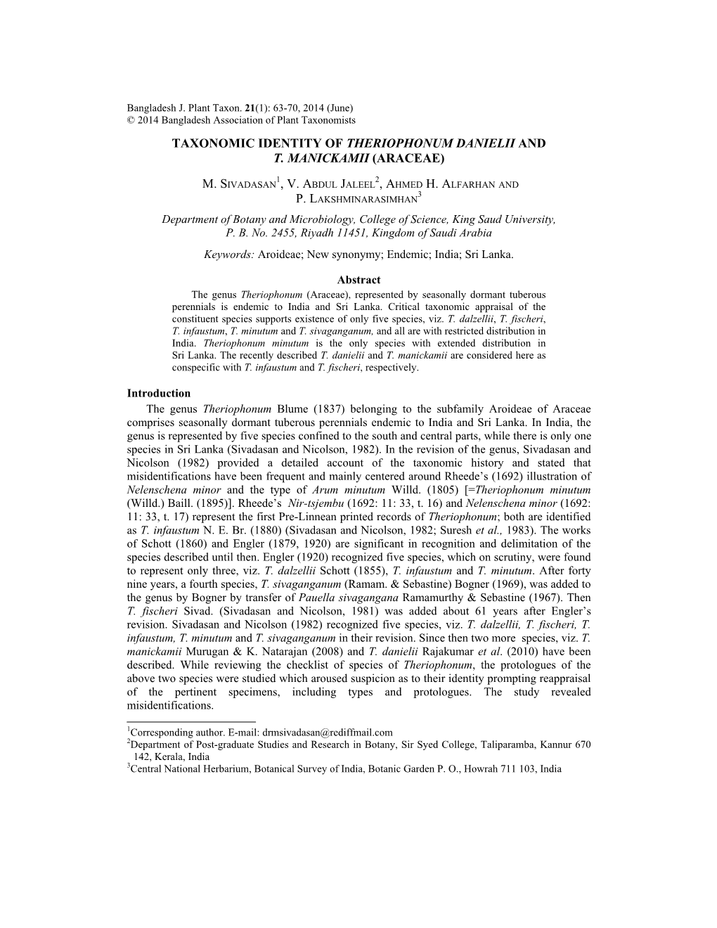 Taxonomic Identity of Theriophonum Danielii and T