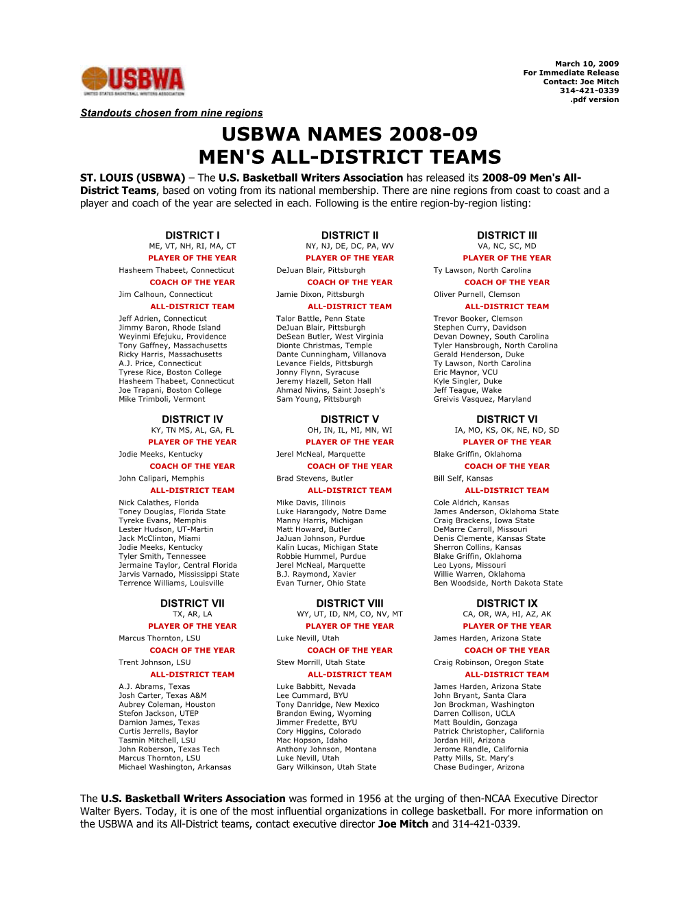 Usbwa Names 2008-09 Men's All-District Teams St