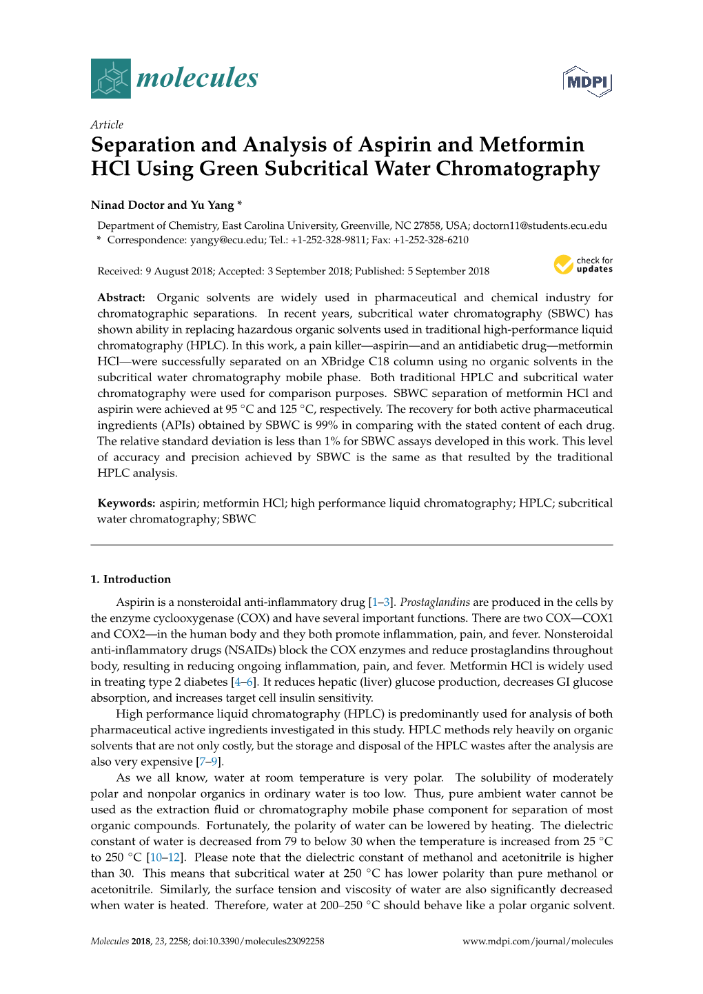 Separation and Analysis of Aspirin and Metformin Hcl Using Green Subcritical Water Chromatography