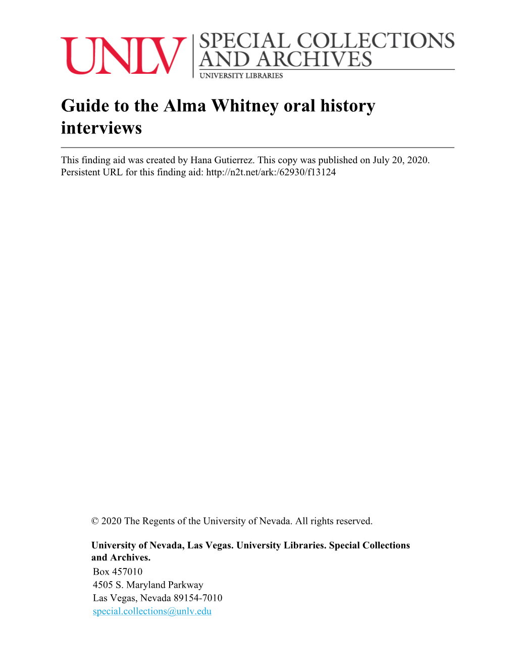 Guide to the Alma Whitney Oral History Interviews