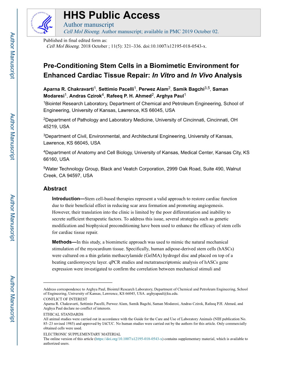 Pre-Conditioning Stem Cells in a Biomimetic Environment for Enhanced Cardiac Tissue Repair: in Vitro and in Vivo Analysis