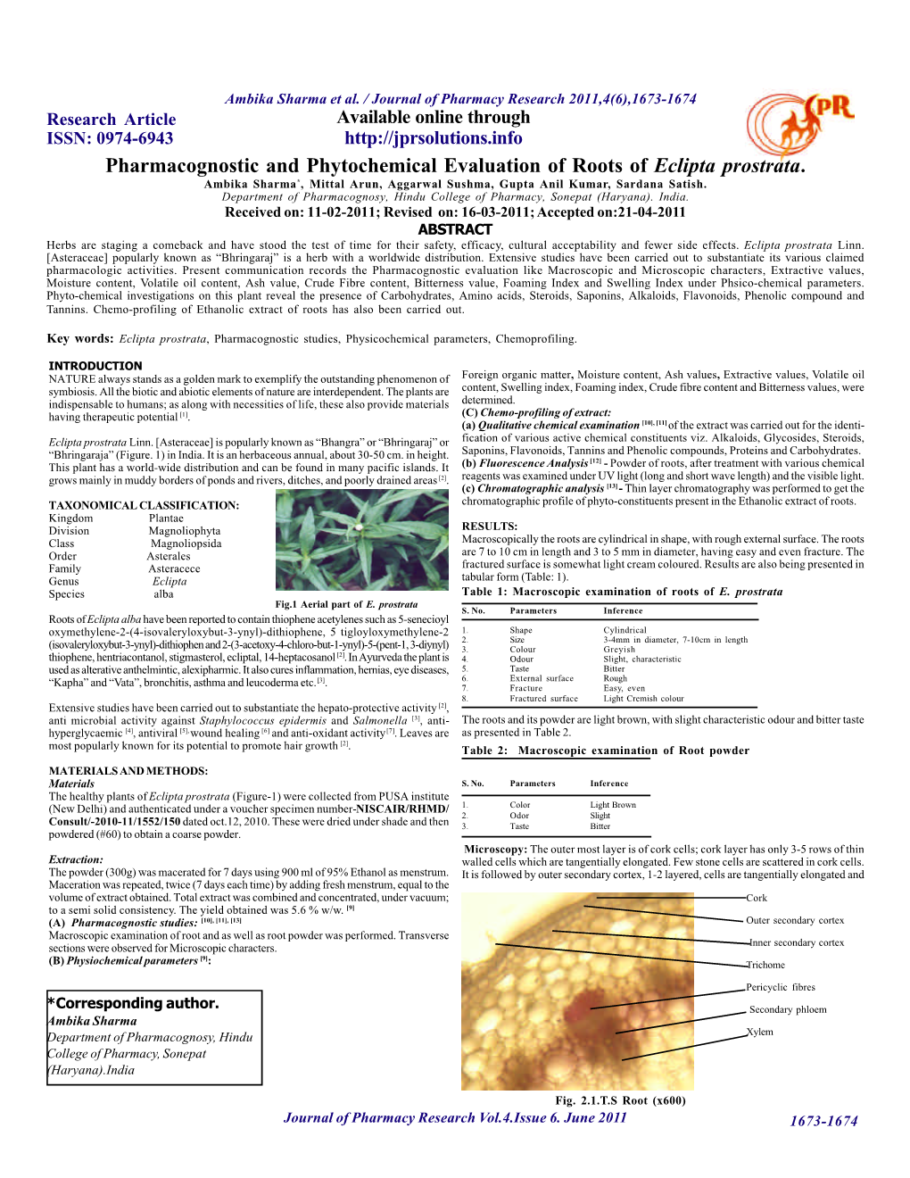 Pharmacognostic and Phytochemical Evaluation of Roots of Eclipta Prostrata