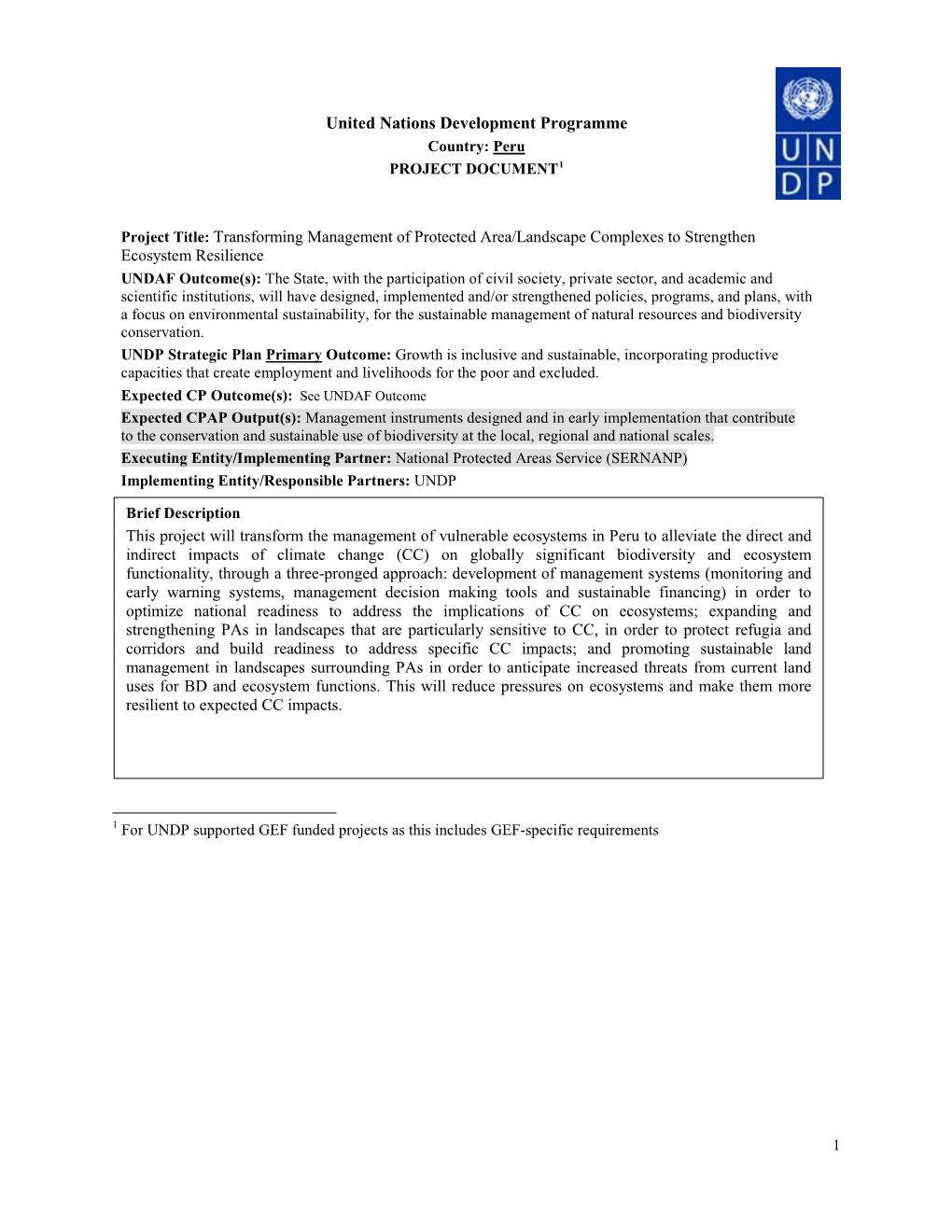 United Nations Development Programme Country: Peru PROJECT DOCUMENT1