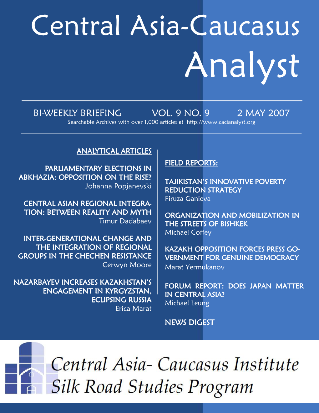 Central Asia-Caucasus Analyst Vol 9, No 9