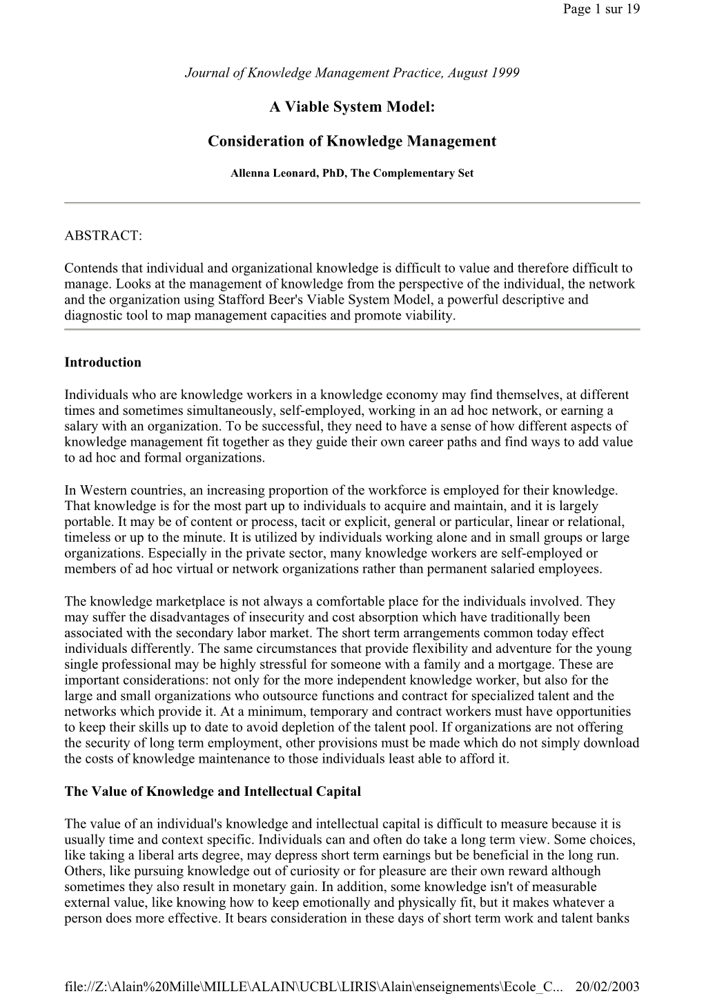 A Viable System Model: Consideration of Knowledge Management