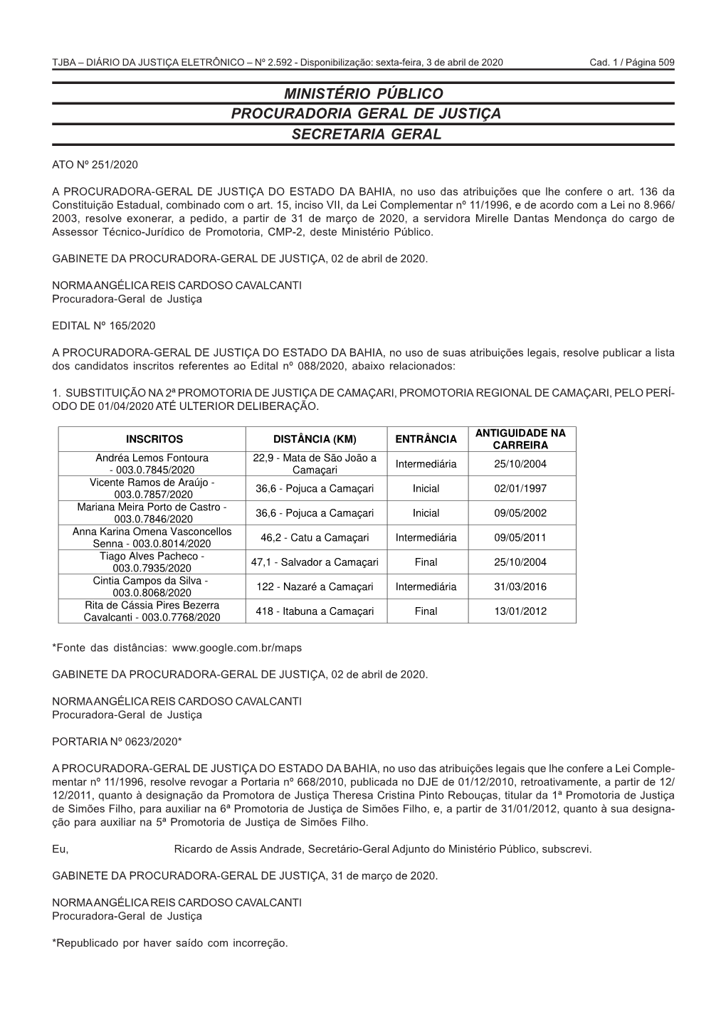 DIÁRIO DA JUSTIÇA ELETRÔNICO – Nº 2.592 - Disponibilização: Sexta-Feira, 3 De Abril De 2020 Cad