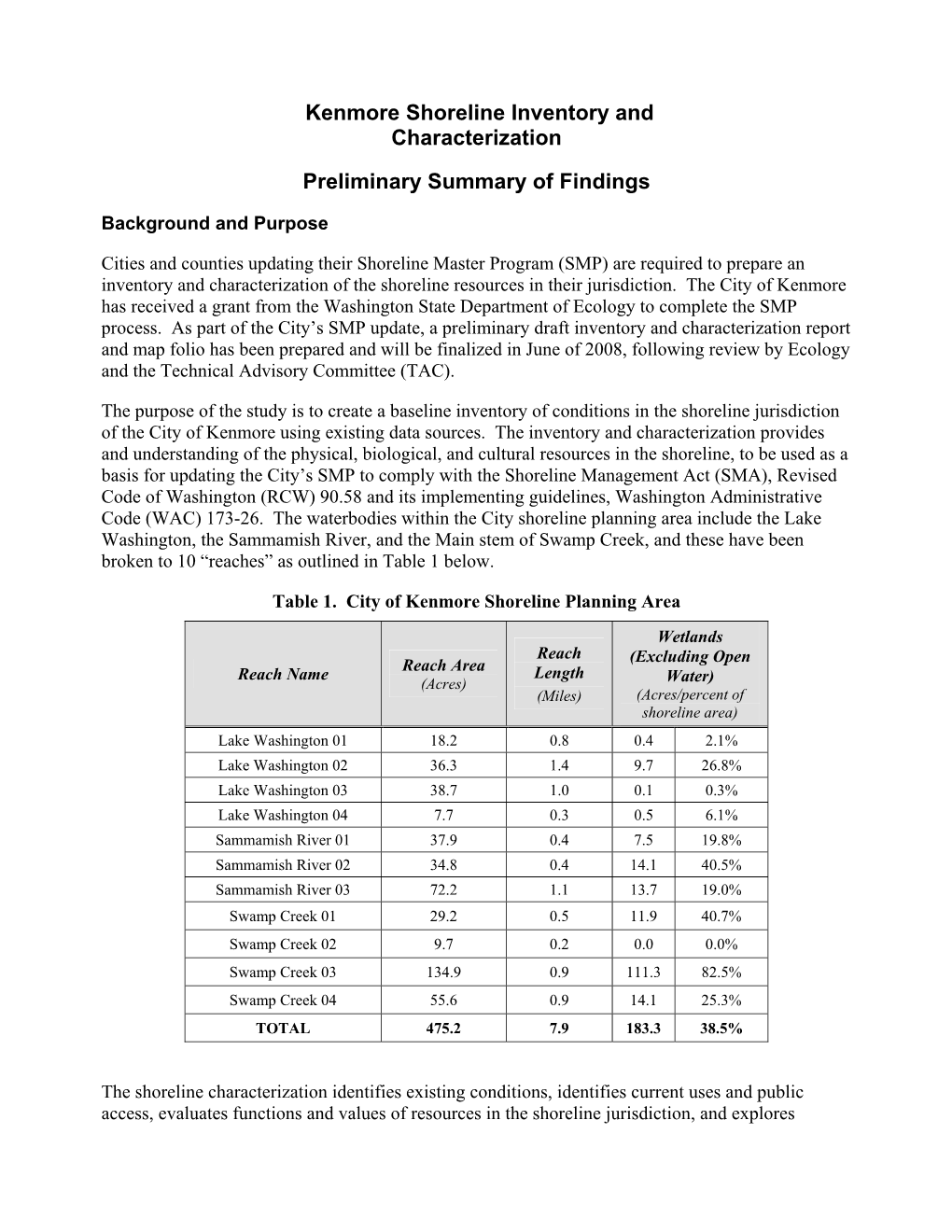 Kenmore Shoreline Inventory and Characterization Preliminary