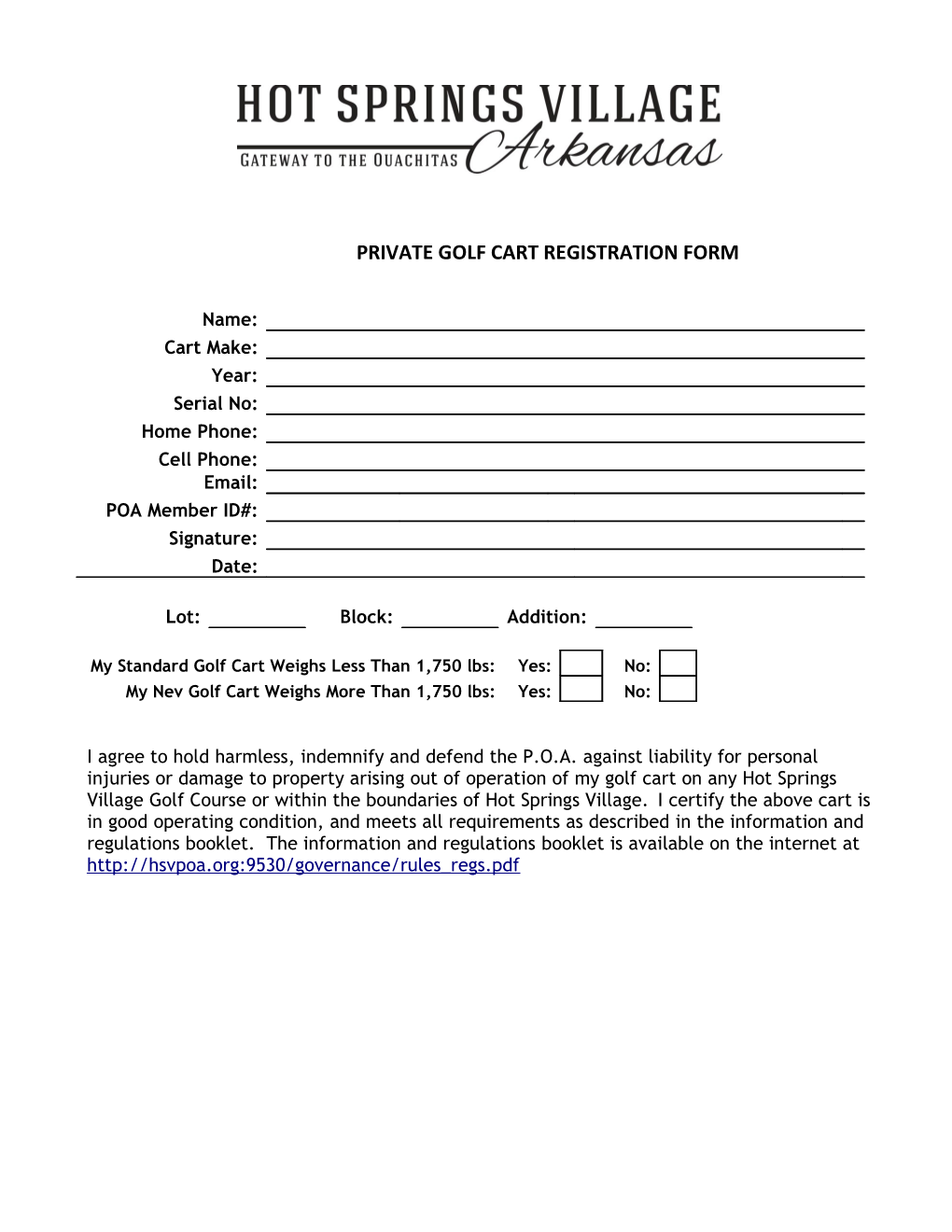 Private Golf Cart Registration Form