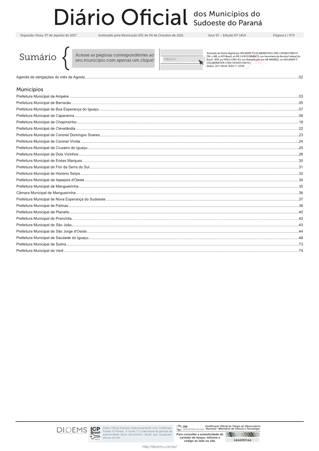 Diário Oficial Dos Municípios Do Sudoeste Do Paraná
