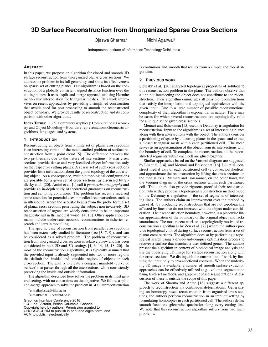 3D Surface Reconstruction from Unorganized Sparse Cross Sections