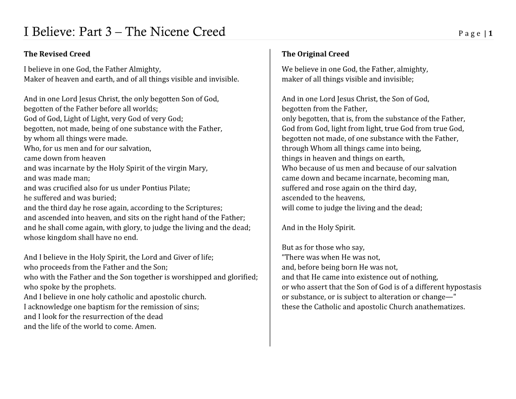 I Believe: Part 3 – the Nicene Creed Page | 1
