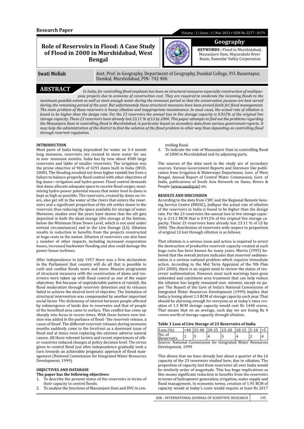 A Case Study of Flood in 2000 in Murshidabad, West Bengal