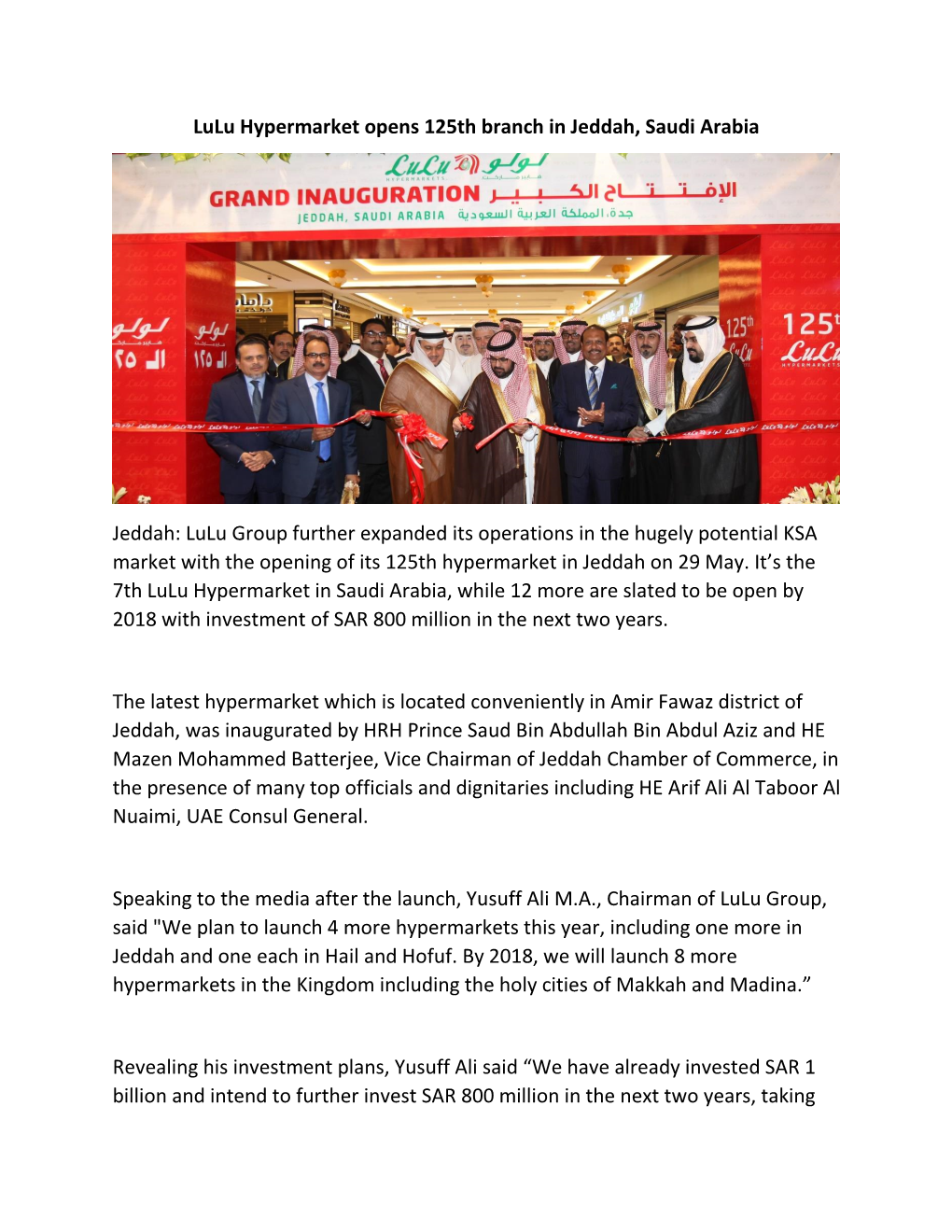 Lulu Hypermarket Opens 125Th Branch in Jeddah, Saudi Arabia