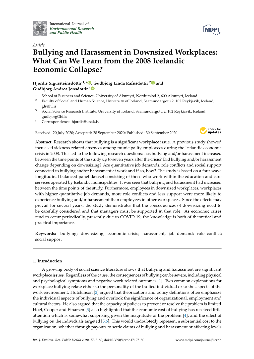 Bullying and Harassment in Downsized Workplaces: What Can We Learn from the 2008 Icelandic Economic Collapse?