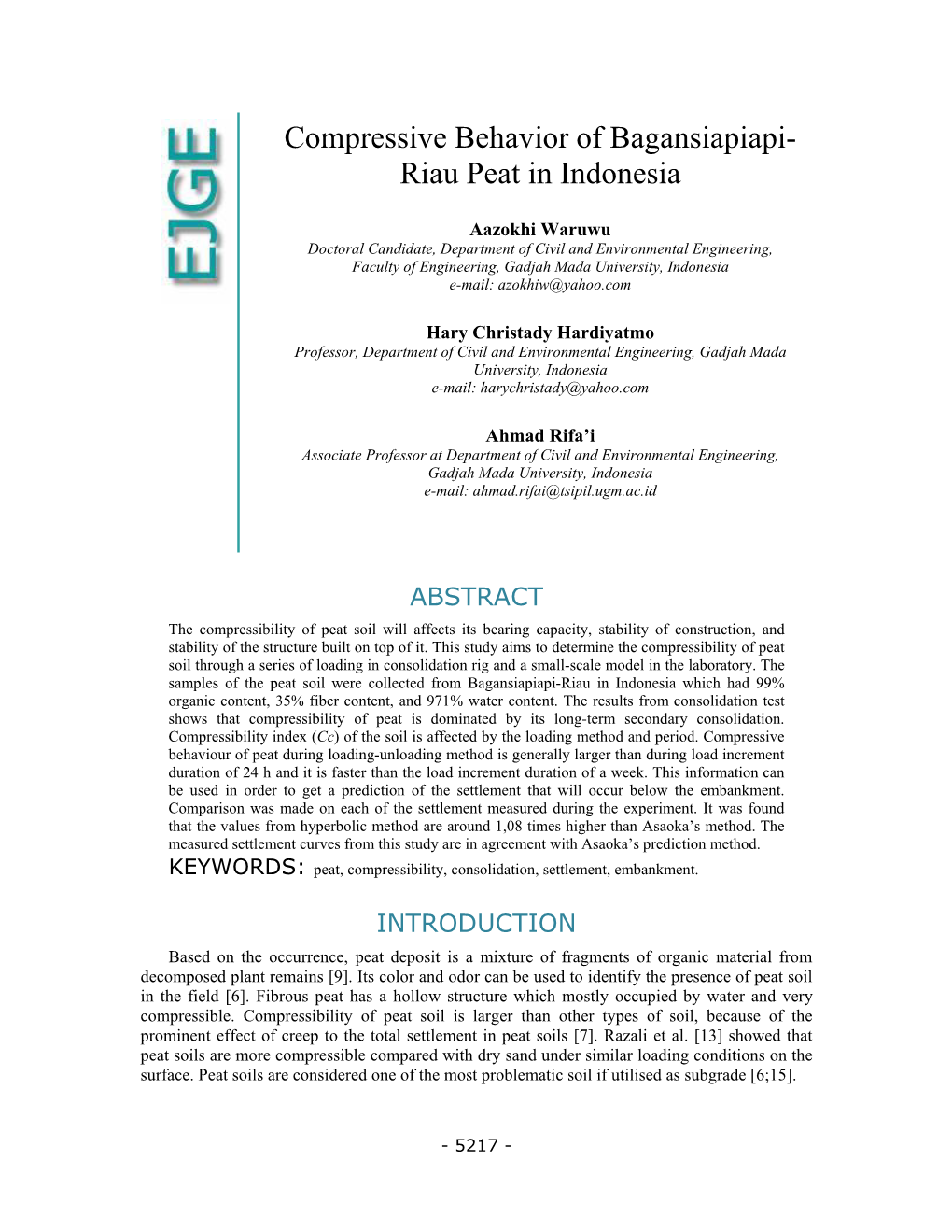 Compressive Behavior of Bagansiapiapi- Riau Peat in Indonesia