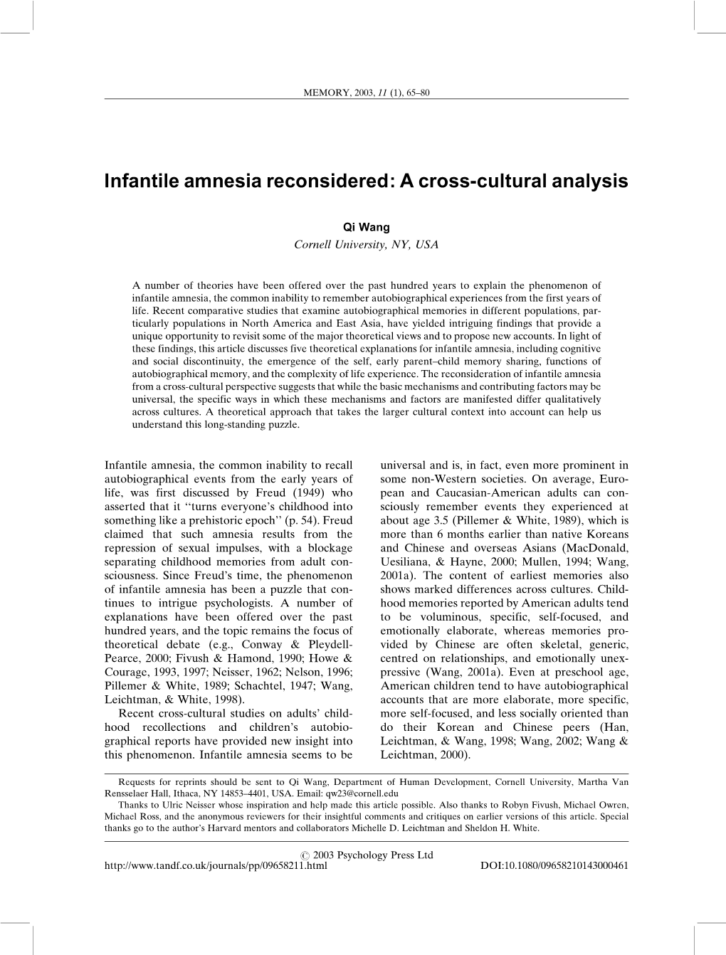 Infantile Amnesia Reconsidered: a Cross-Cultural Analysis