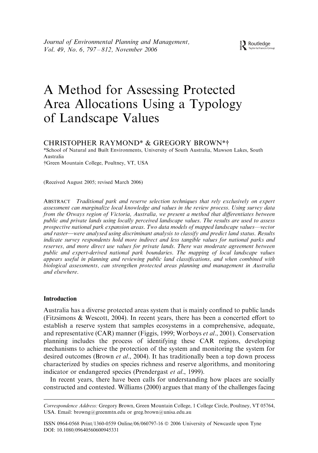 A Method for Assessing Protected Area Allocations Using a Typology of Landscape Values