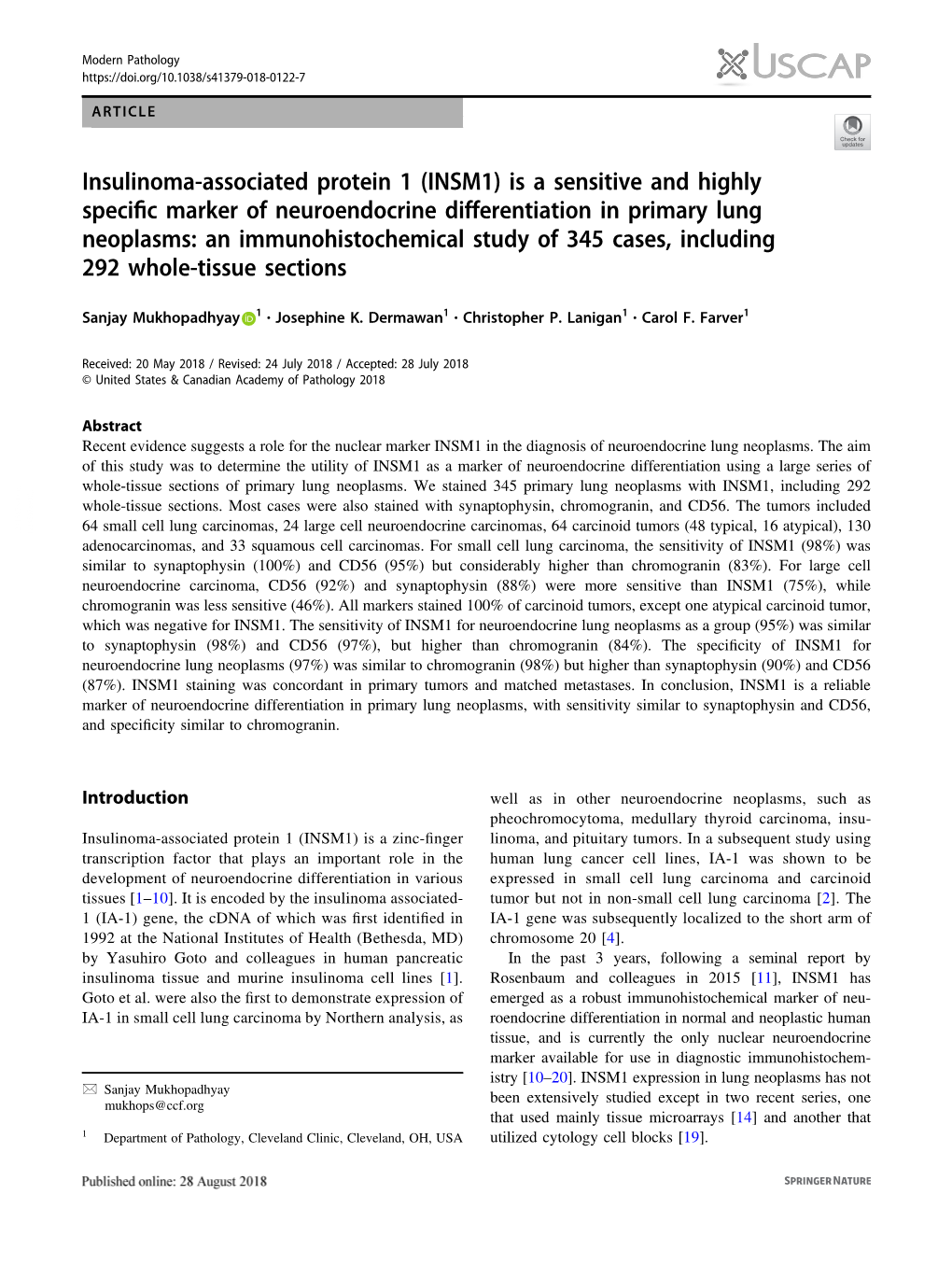 Insulinoma-Associated Protein 1 (INSM1) Is a Sensitive and Highly