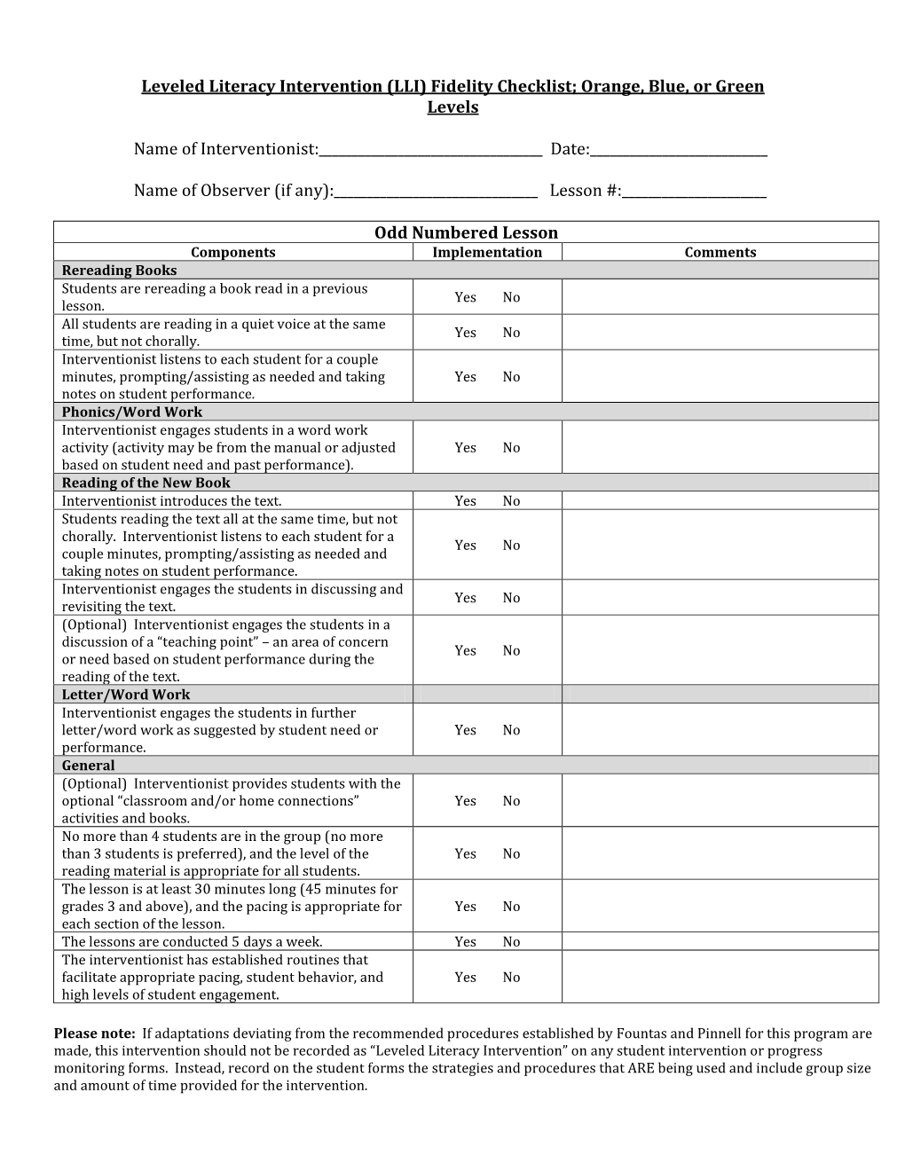 Leveled Literacy Intervention (LLI) Fidelity Checklist; Orange, Blue, Or Green Levels