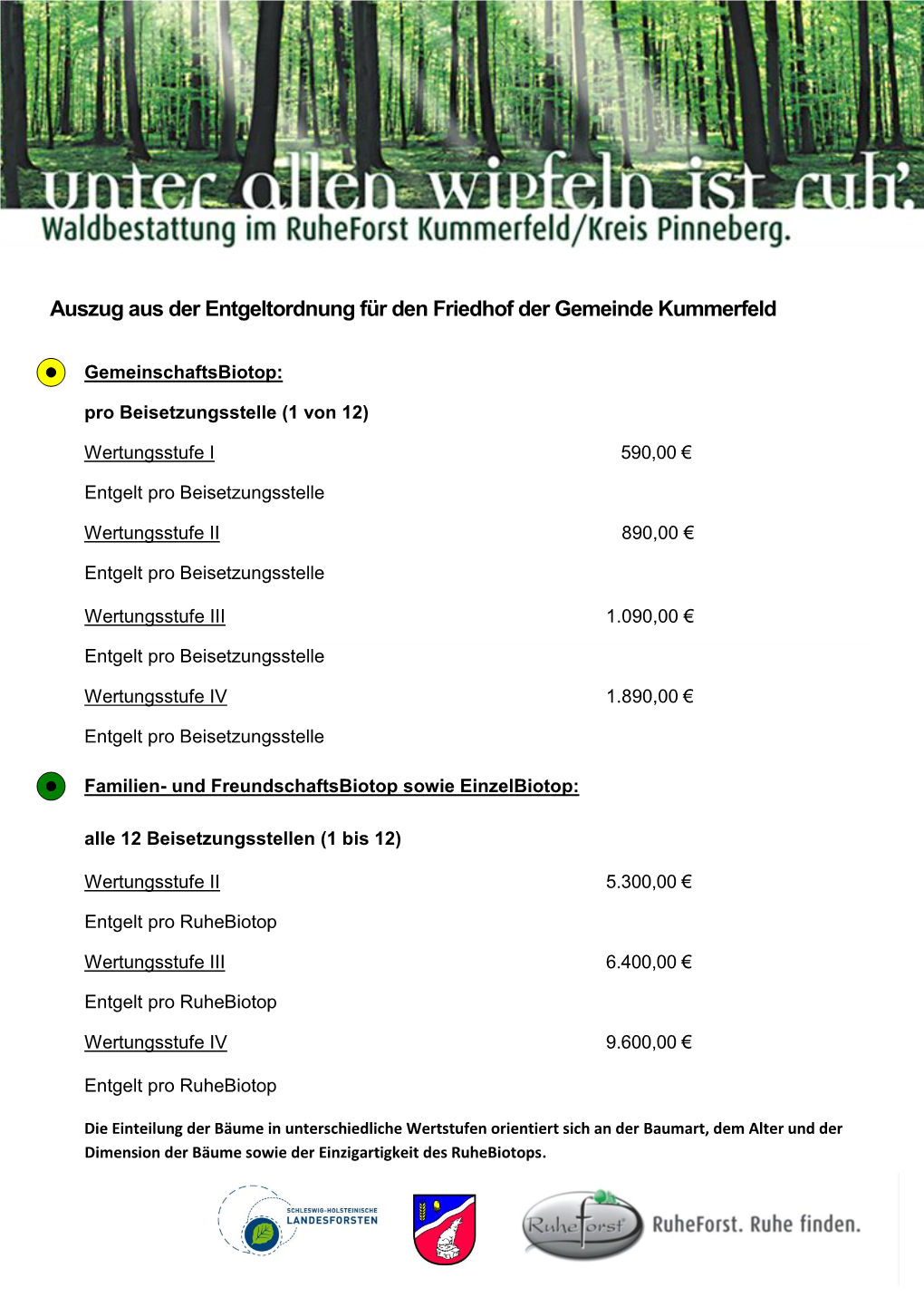 Preisliste Für Den Ruheforst