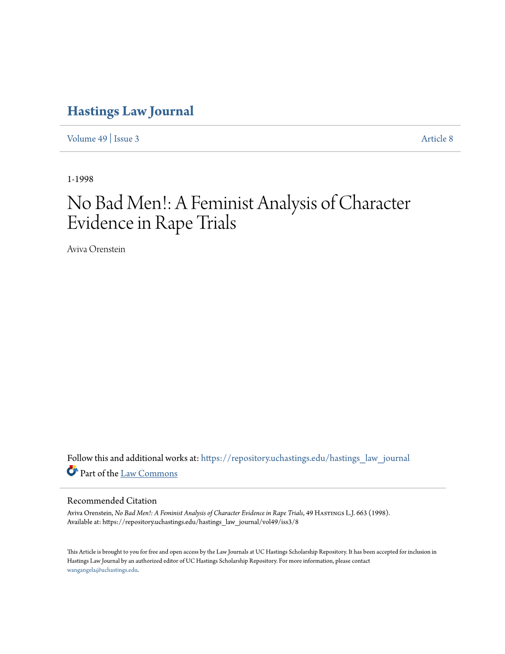 No Bad Men!: a Feminist Analysis of Character Evidence in Rape Trials Aviva Orenstein