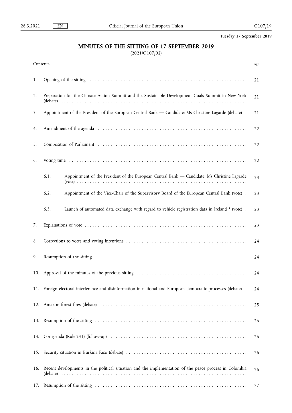 Minutes of the Sitting of 17 September 2019 (2021/C 107/02)