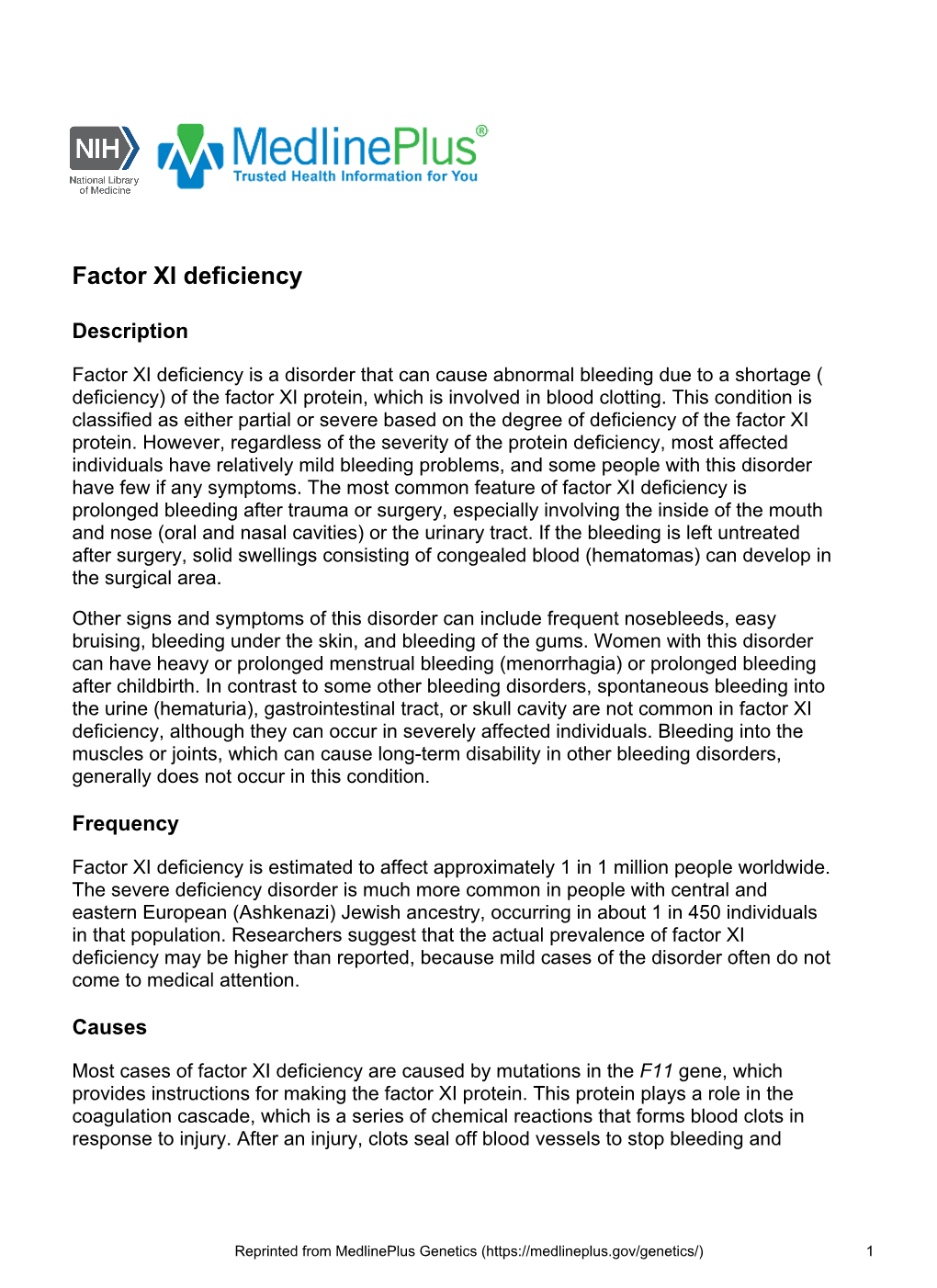 Factor XI Deficiency