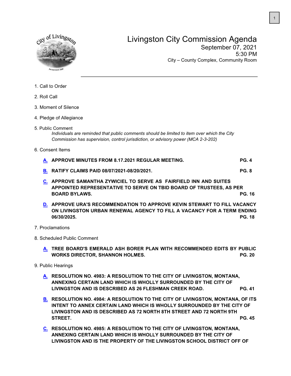 Livingston City Commission Agenda September 07, 2021 5:30 PM City – County Complex, Community Room