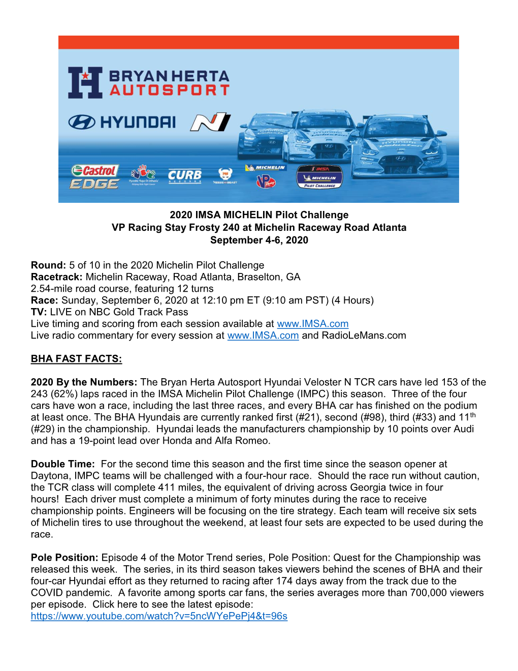 2020 IMSA MICHELIN Pilot Challenge VP Racing Stay Frosty 240 at Michelin Raceway Road Atlanta September 4-6, 2020