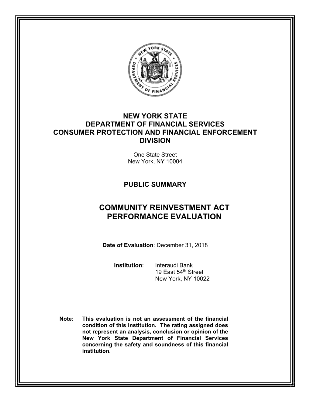 Community Reinvestment Act Performance Evaluation