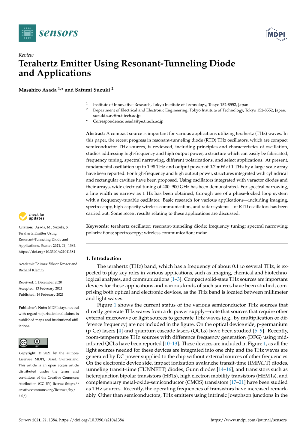 Terahertz Emitter Using Resonant-Tunneling Diode and Applications