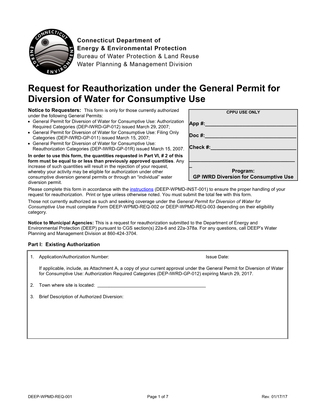 Request for Authorization Under the General Permit for Diversion of Water for Consumptive Use