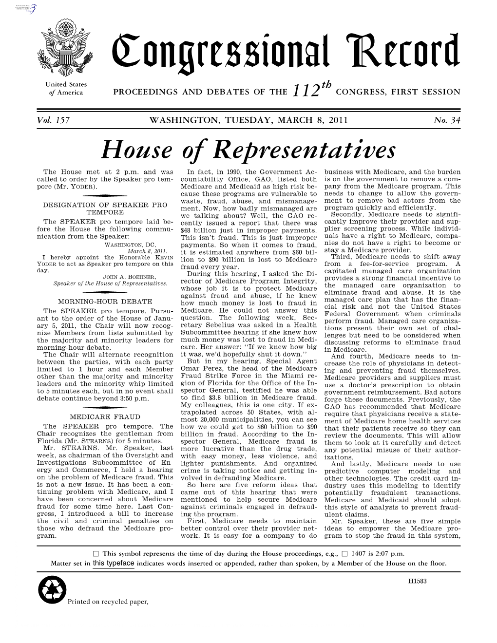 Congressional Record United States Th of America PROCEEDINGS and DEBATES of the 112 CONGRESS, FIRST SESSION