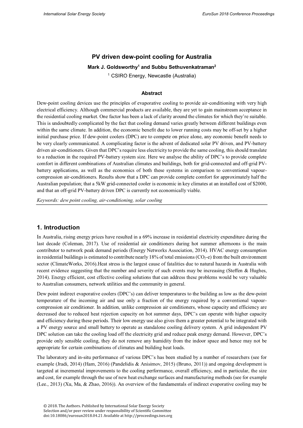 'PV Driven Dew-Point Cooling for Australia'