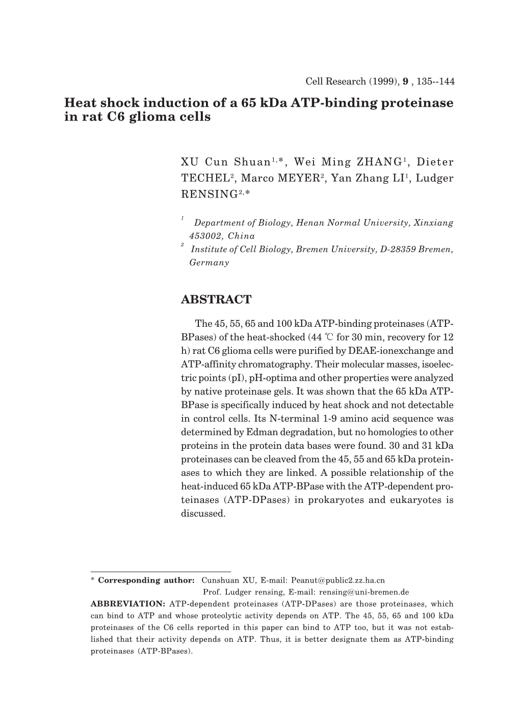 Heat Shock Induction of a 65 Kda ATP-Binding Proteinase in Rat C6 Glioma Cells