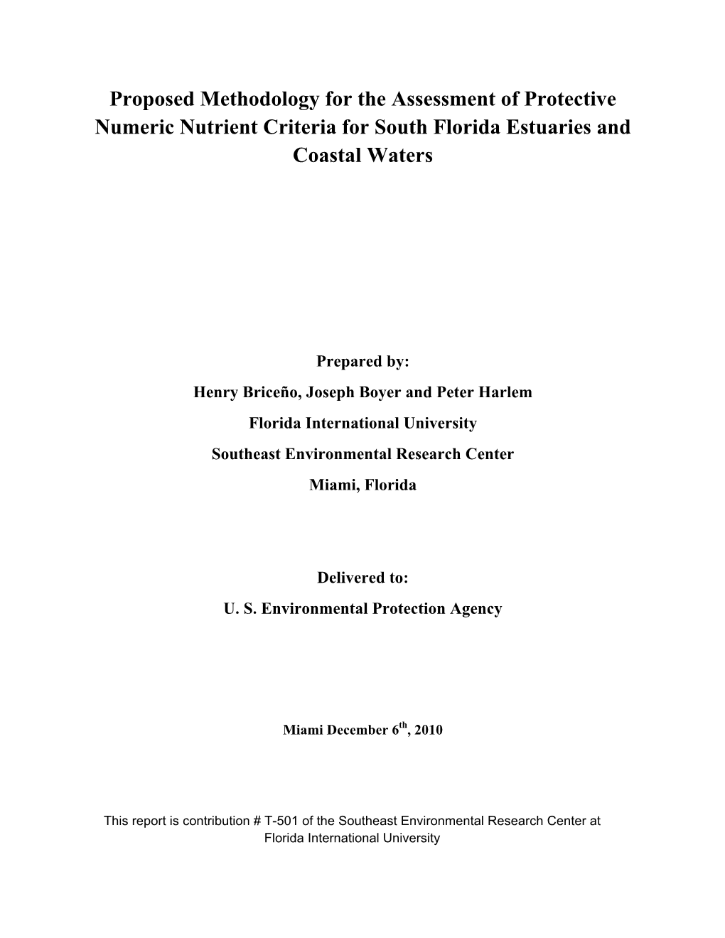 Proposed Methodology for the Assessment of Protective Numeric Nutrient Criteria for South Florida Estuaries and Coastal Waters