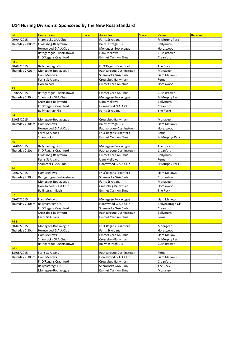 U14 Hurling Division 2 Sponsored by the New Ross Standard