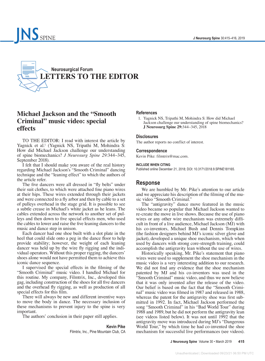 LETTERS to the EDITOR. Michael Jackson and the “Smooth Criminal