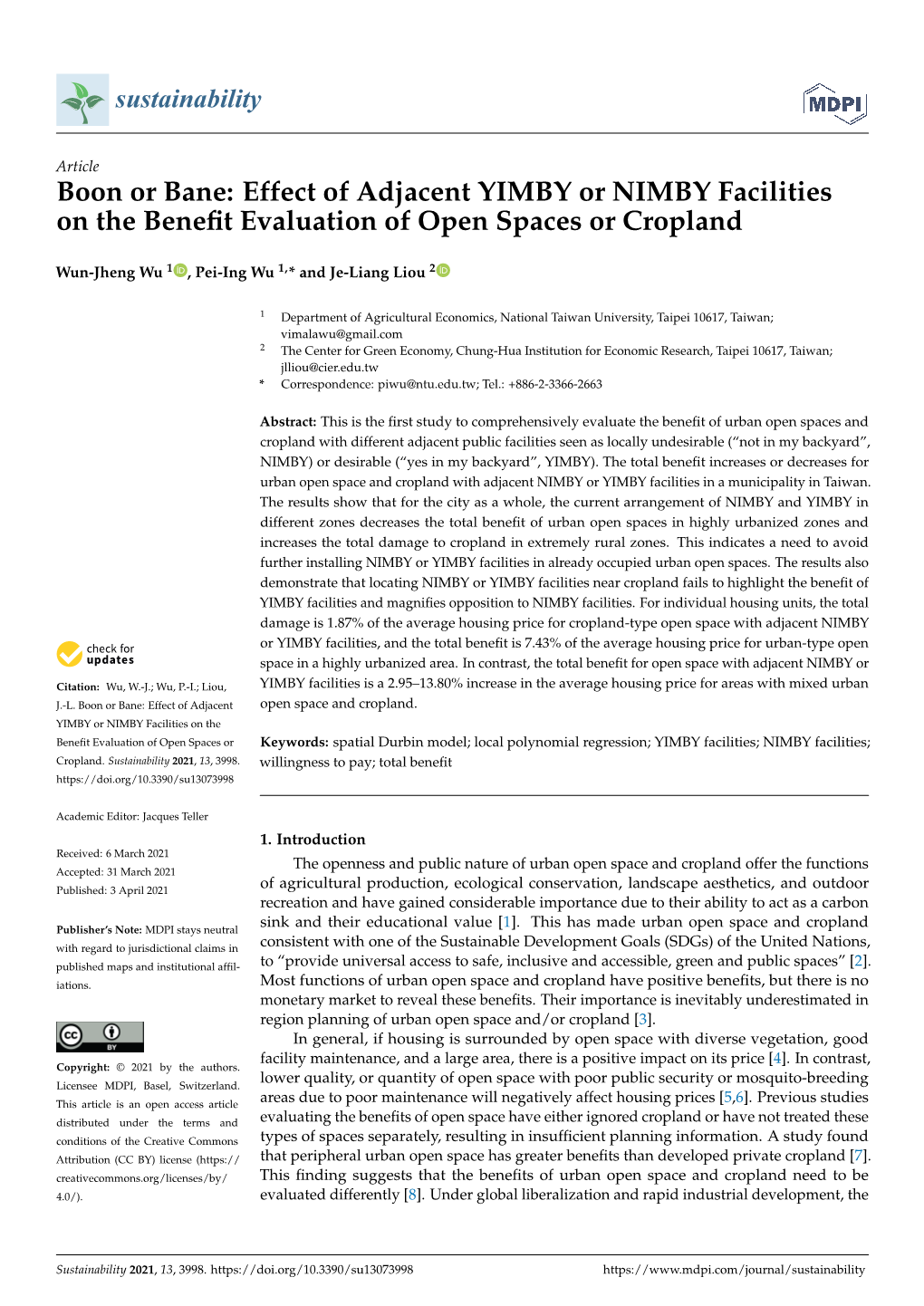 Effect of Adjacent YIMBY Or NIMBY Facilities on the Benefit Evaluation of Open Spaces Or Cropland