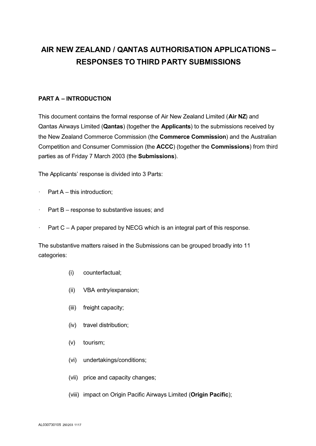 Air New Zealand / Qantas Authorisation Applications – Responses to Third Party Submissions