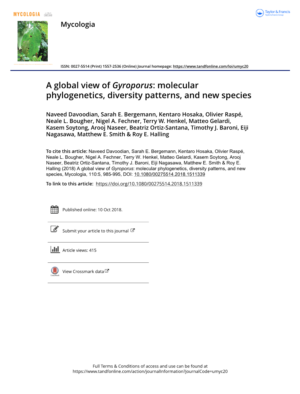 A Global View of Gyroporus: Molecular Phylogenetics, Diversity Patterns, and New Species