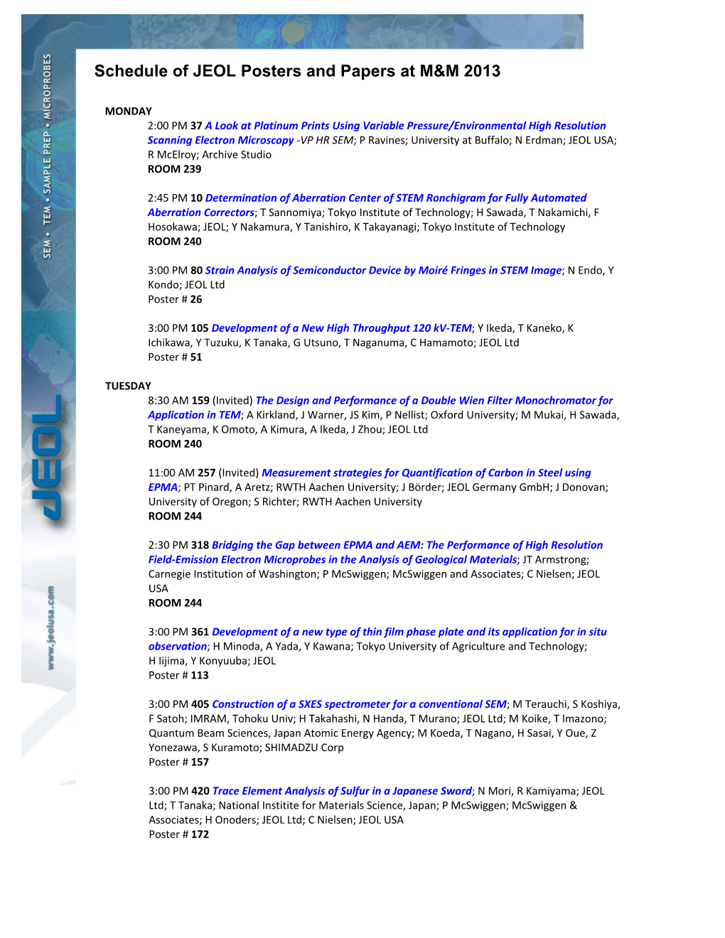 Schedule of JEOL Posters and Papers at M&M 2013