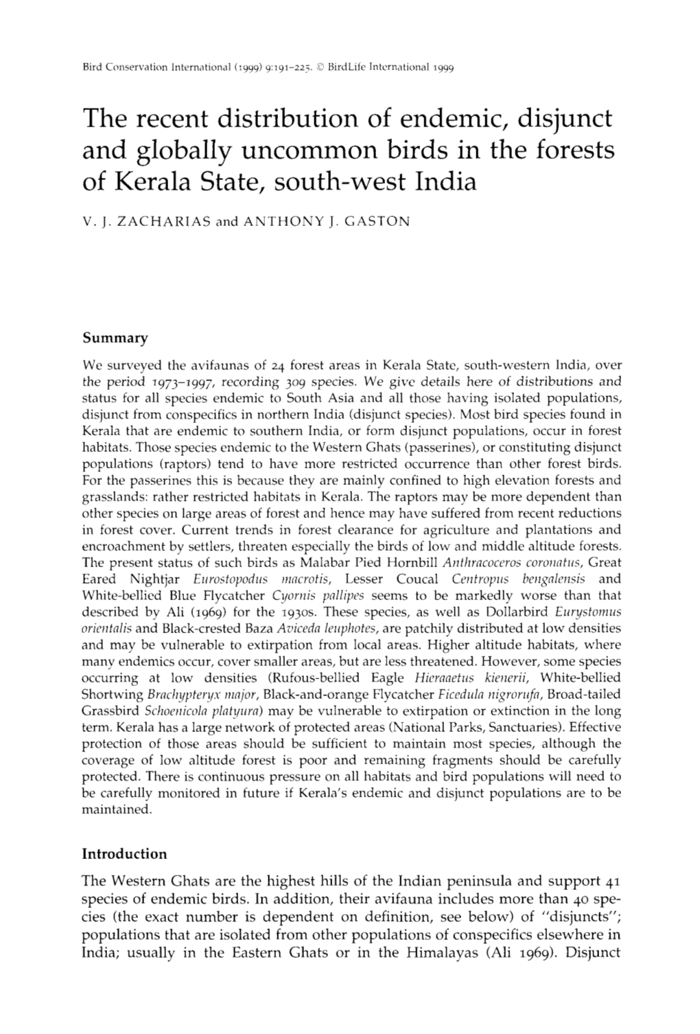 The Recent Distribution of Endemic, Disjunct and Globally Uncommon Birds in the Forests of Kerala State, South-West India