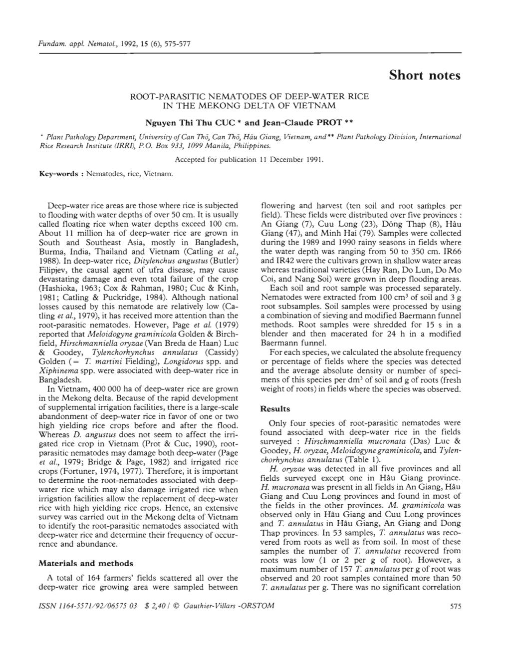 Root-Parasitic Nematodes of Deep-Water Rice in the Mekong Delta of Vietnam