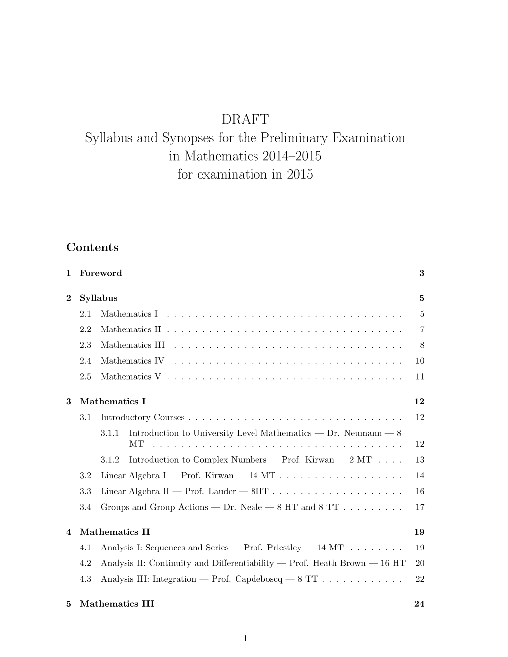 DRAFT Syllabus and Synopses for the Preliminary Examination in Mathematics 2014–2015 for Examination in 2015